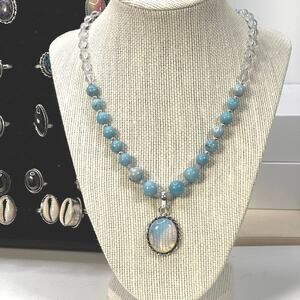 Opalite & Larimar silver plated pendant and beaded 17” chain with 1”‎ extension